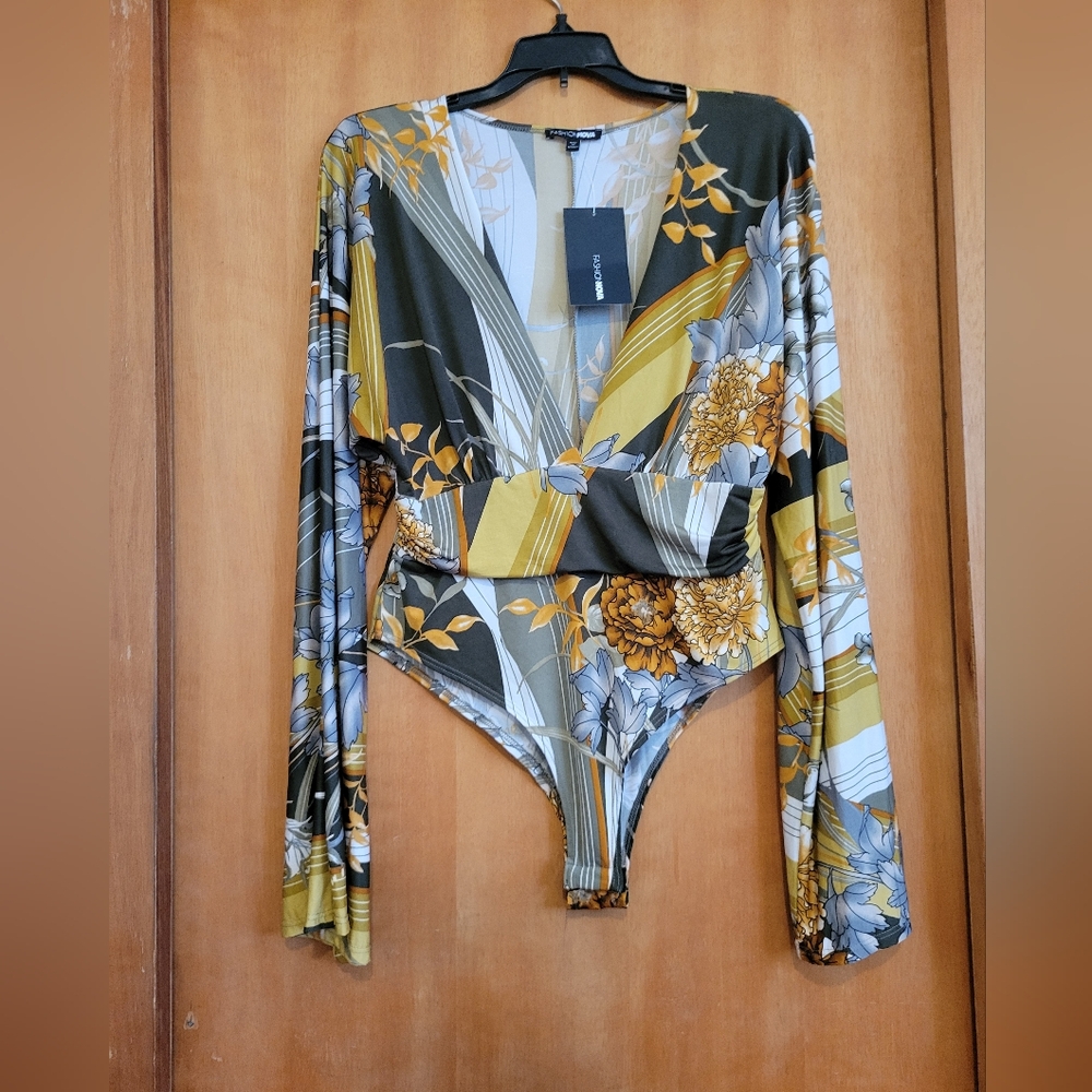 Fashion Nova Floral Bodysuit in Yellow and Green